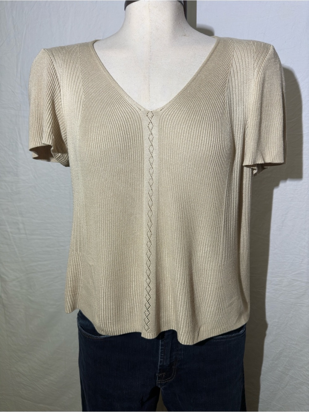 Dana B & Karen V-Neck Short Sleeve Ribbed Knit Top Beige Small